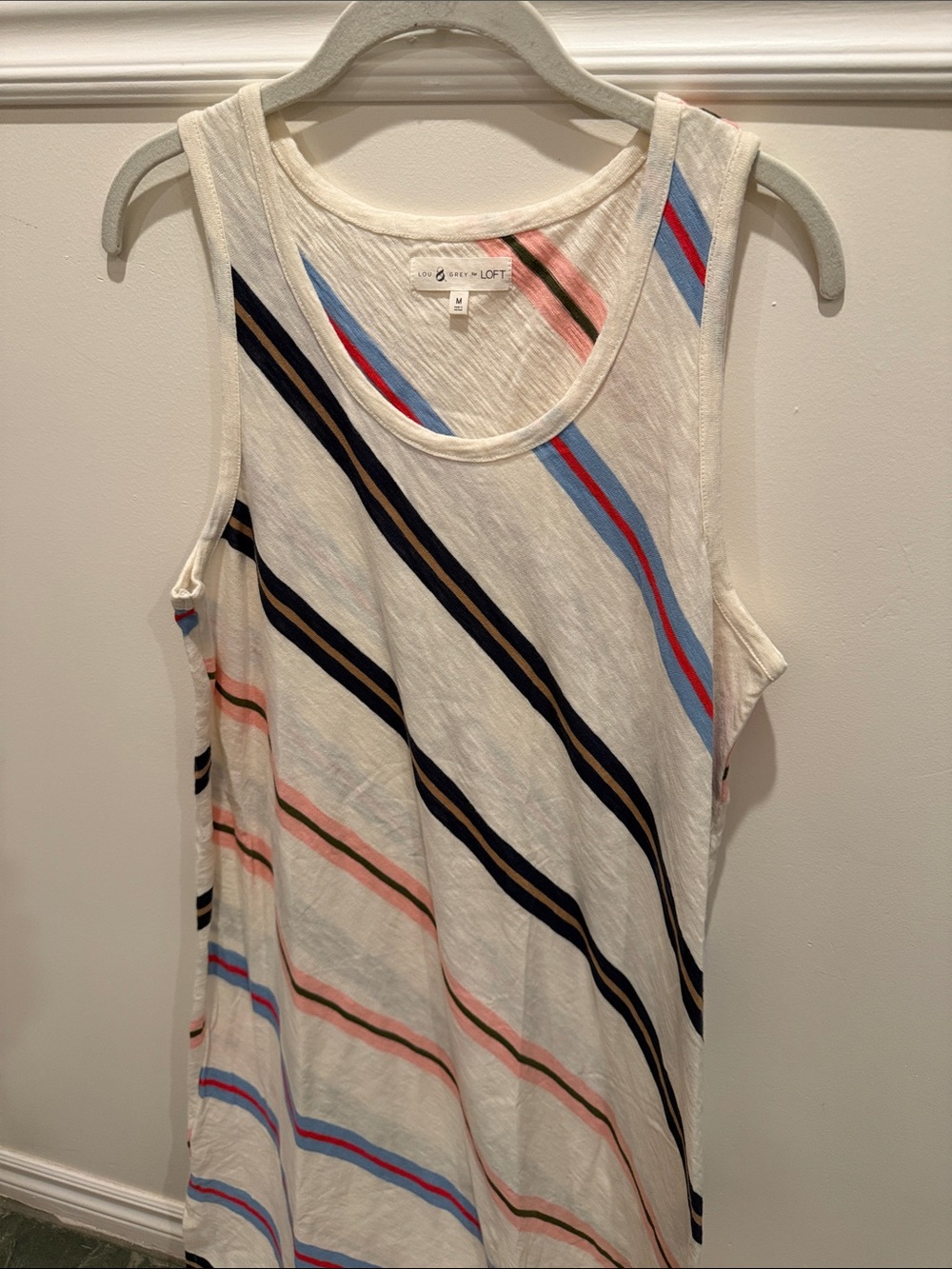 LOFT Cream Tank Dress with Blue, Black & Pink Diagonal Stripes